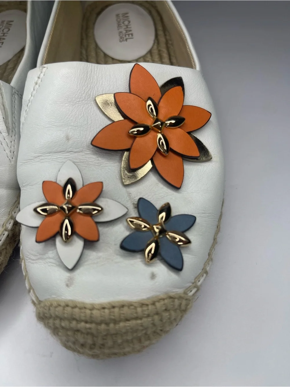 Michael Kors Heidi White Leather Slip-On Espadrille with Floral Accents size 36
